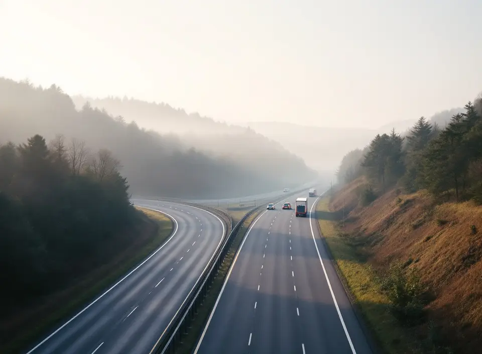 Een Duitse snelweg met drie rijstroken door beboste heuvels in de ochtendmist
