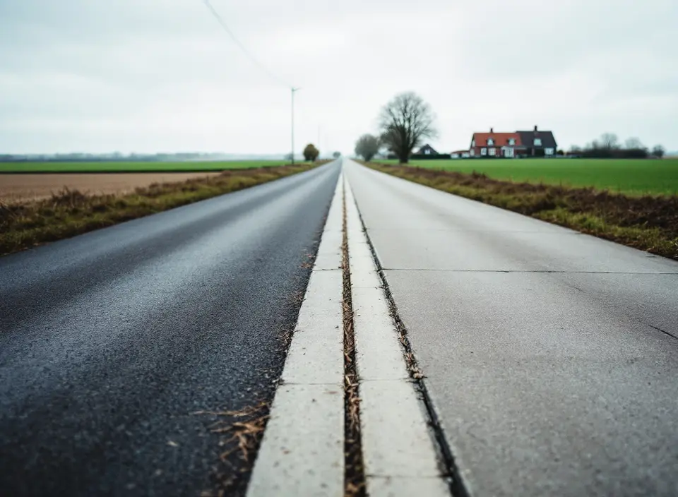 Een rechte landweg met twee soorten wegdek naast elkaar, donker asfalt en lichte betonplaten, tussen weilanden