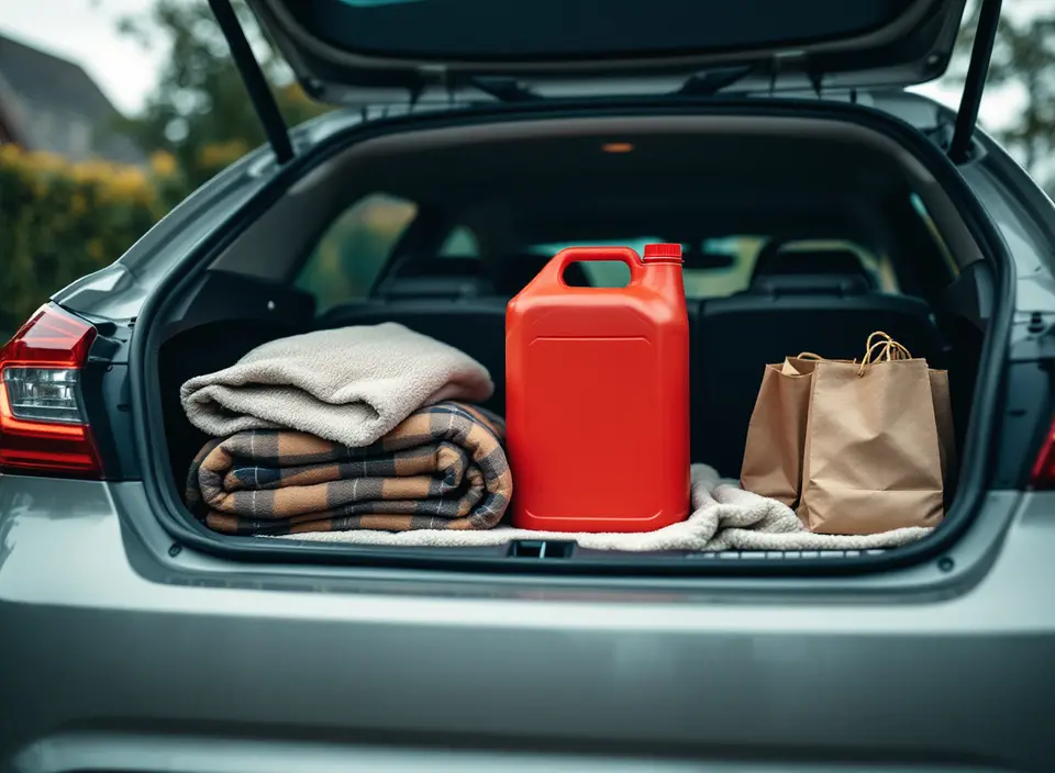 Een rode jerrycan in de open kofferbak van een gezinsauto, naast een opgevouwen deken en een boodschappentas