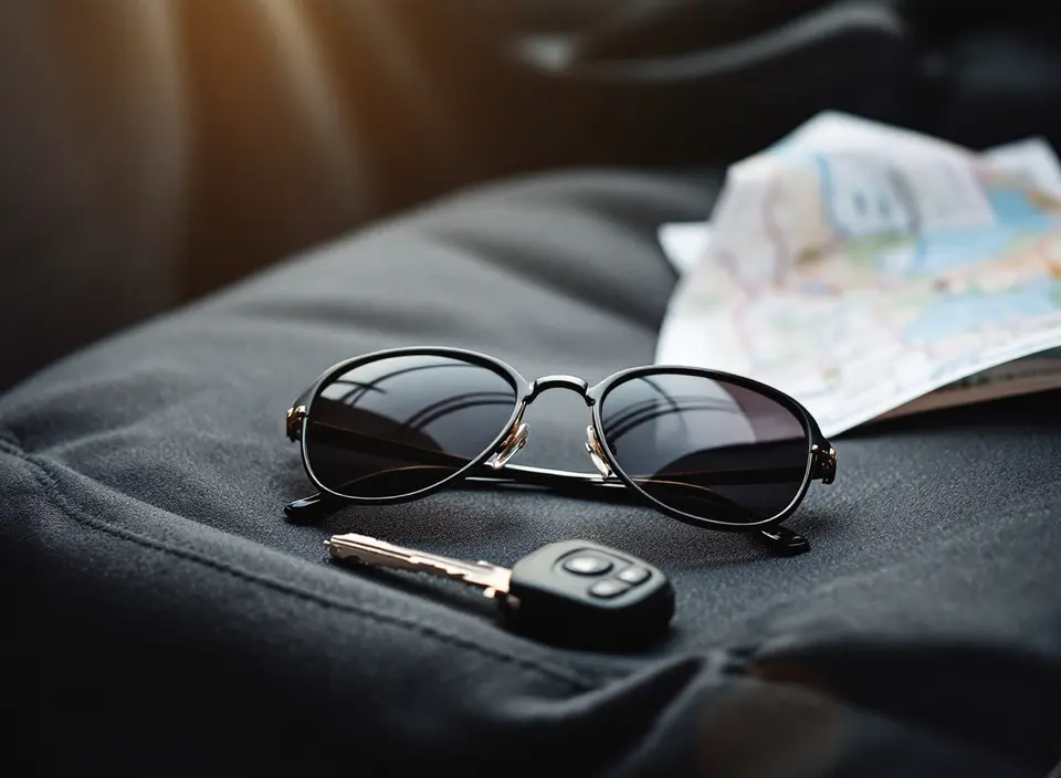 Een zonnebril en een autosleutel op de passagiersstoel, met een opgevouwen wegenkaart onscherp erachter