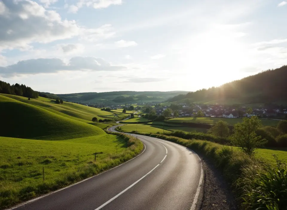 Een bochtige landweg door groene heuvels in de Luxemburgse Ardennen, met een dorp in het dal