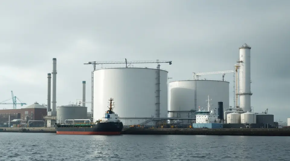 Grote witte olieopslagtanks in de Rotterdamse haven, met een kleine tanker aan de kade