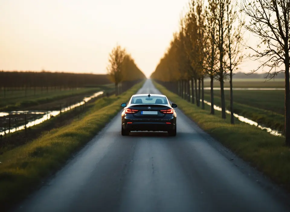 Een donkere auto rijdt over een lange rechte polderweg tussen populieren richting de horizon