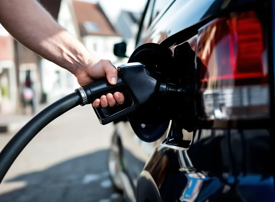 Een hand houdt een vulpistool in de tankopening van een donkerblauwe auto, met een straat met vakwerkhuizen op de achtergrond
