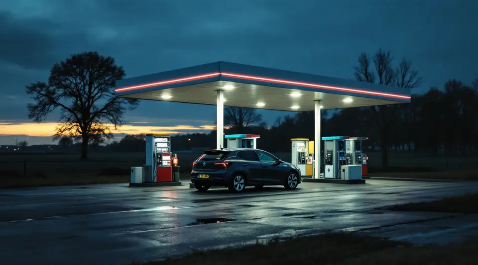 Een klein tankstation zonder merk aan een provinciale weg op het platteland bij de grens, in de avond, met een auto bij de pomp